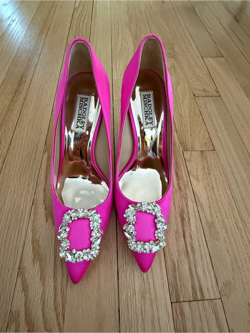 Badgley Mischka Fuchsia Satin Pointed Toe Crystal Buckle Pumps
